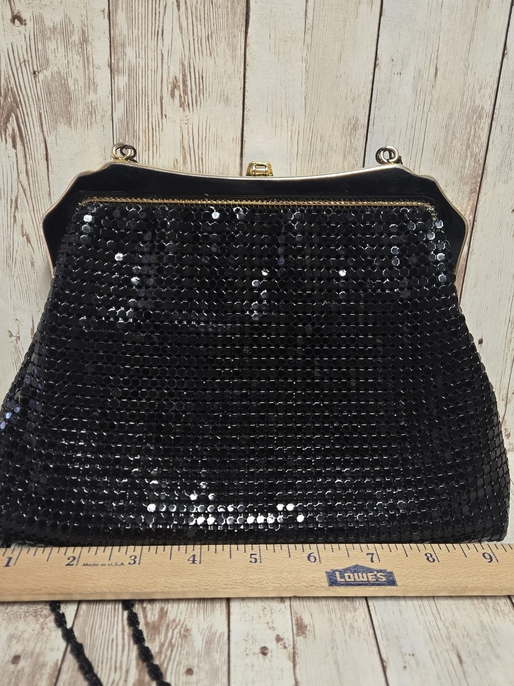 Vintage Black Metal Mesh Evening Bag Gold Tone Frame Chain Strap Purse